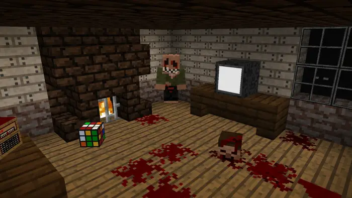 Blocky horror room with blood and fireplace