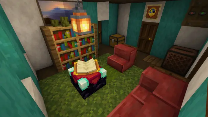 Cozy enchanting room with bookshelves and chairs