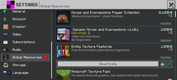ALT text Settings menu showing animation resource packs