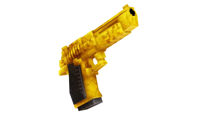 Pixelated golden handgun modded weapon.