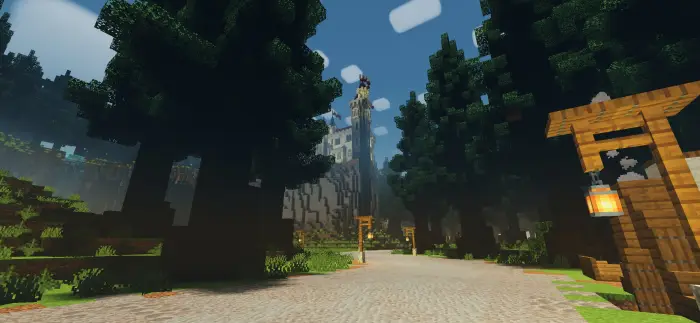 Castle view with vibrant lighting and trees