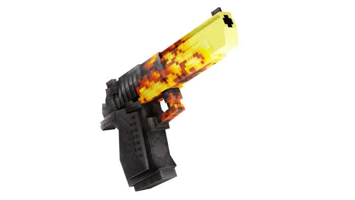 Pixelated handgun with a fiery skin effect