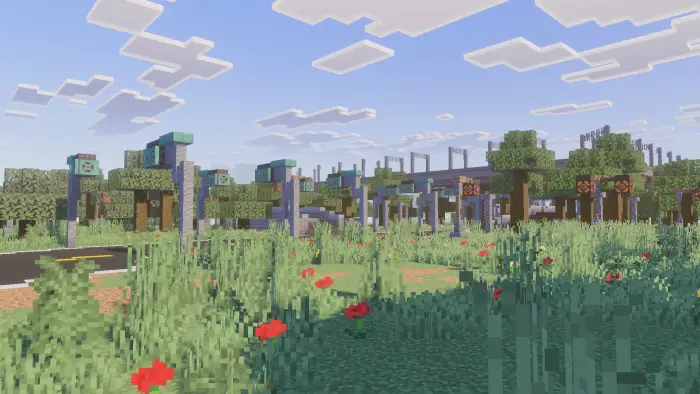 Modern city park with trees and flowers