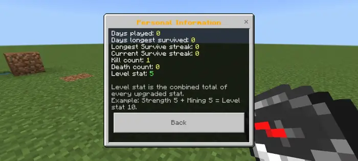 Stats menu showing player survival data