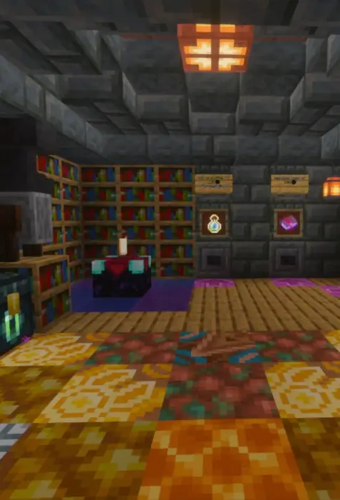 Enchanting room with bookshelves and signs