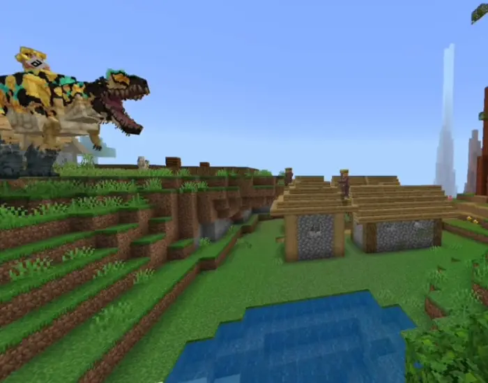 Dinosaur approaching a small village by water
