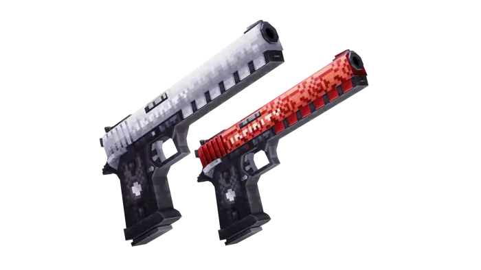 Two pixelated 3D pistols, silver and red