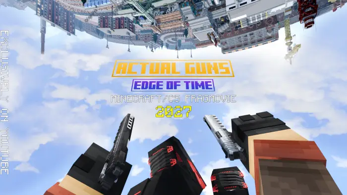 ALT Two blocky hands holding 3D guns, city above