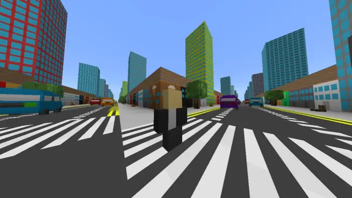 Blocky city street with cars and buildings