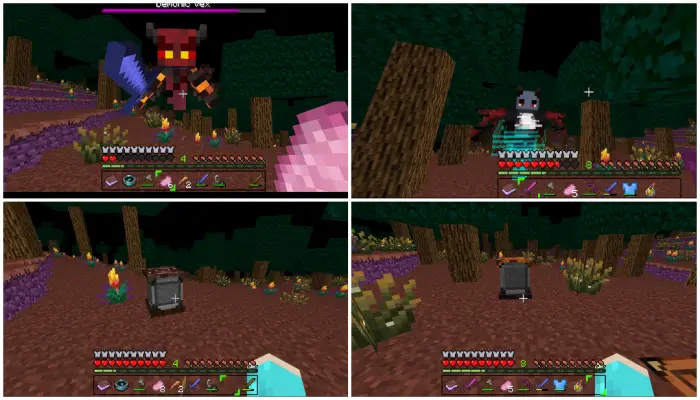 1. Top left Battling a horned boss in dark woods 2. Top right Encounter with a winged enemy 3. Bottom left Exploring with loo
