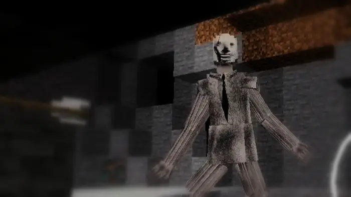 Creepy animatronic hare in a dark cave