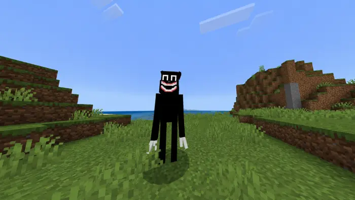 Cartoon Cat with eerie grin on grassy hills