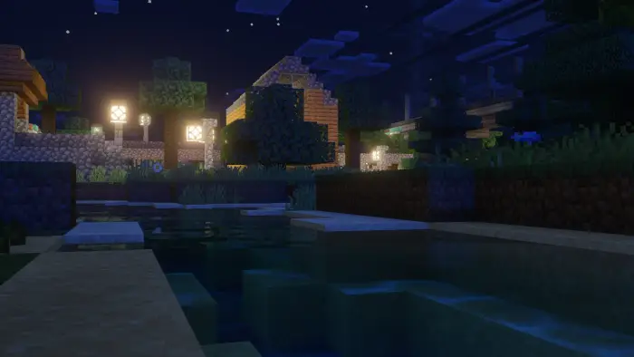Nighttime cityscape with glowing lights