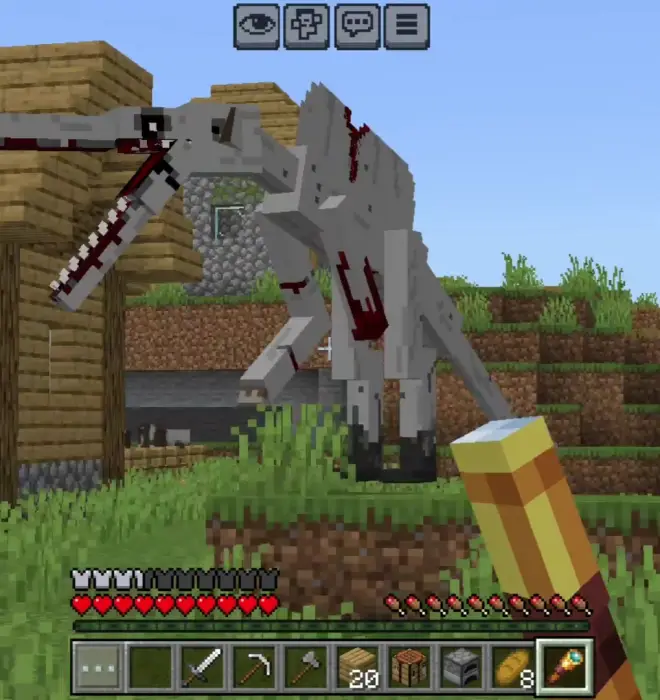 Blocky dinosaur mob near village houses.