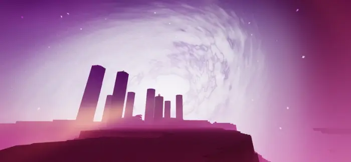 Purple-hued pillars with dramatic lighting