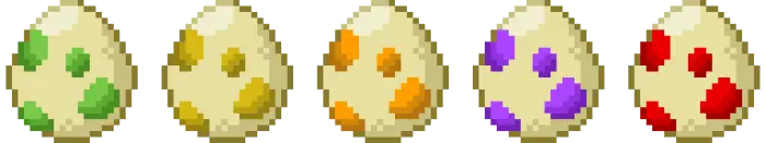 Four pixelated eggs with colored spots