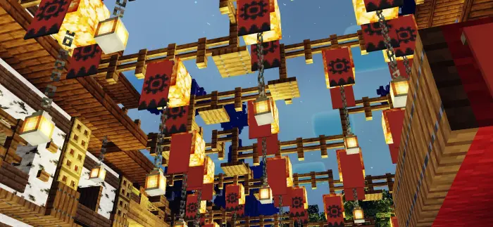 Red lanterns and banners under golden lights