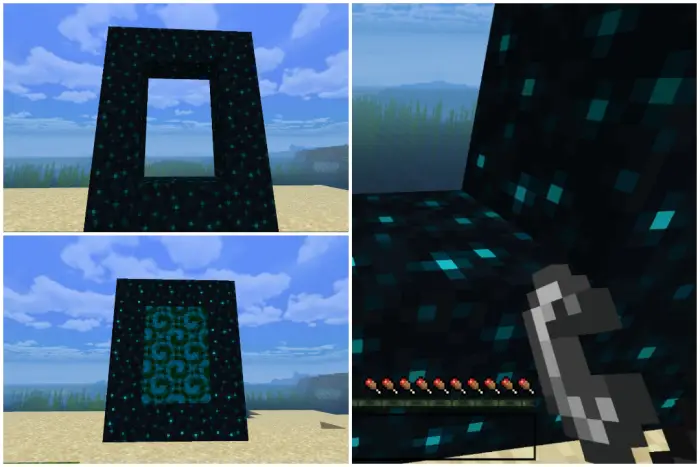 1. Top left Dark portal frame on sandy ground 2. Bottom left Glowing portal activated 3. Right Tool igniting dark portal bloc