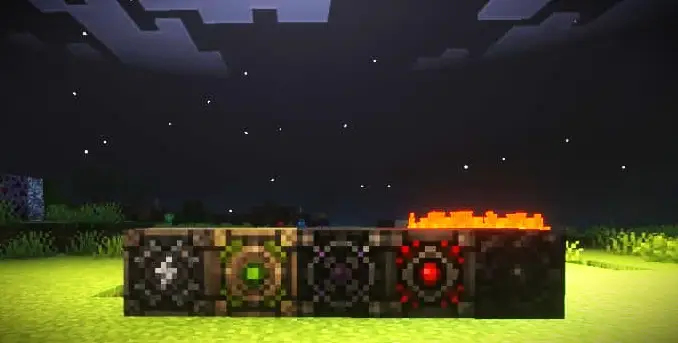 Four mystical blocks glowing under night sky.