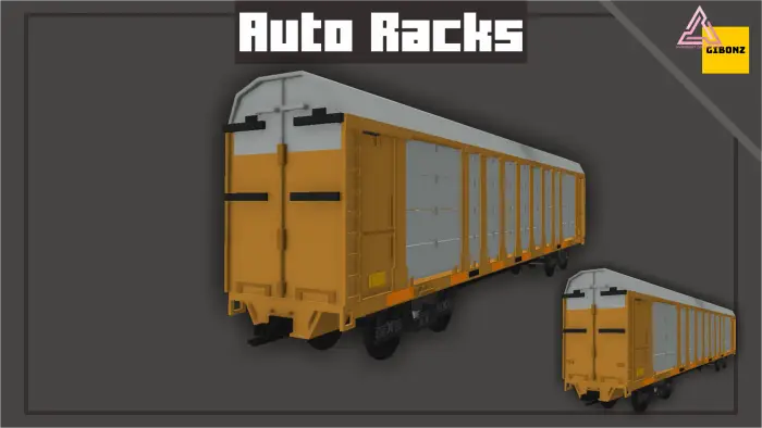 Yellow and gray auto rack train cars