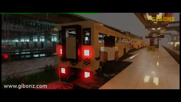 Blocky train at platform in rainy city station