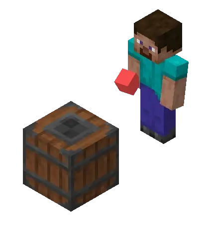 Character holding a mini-block near a barrel