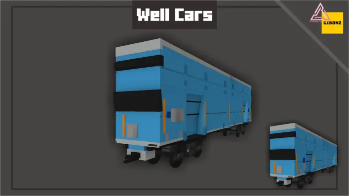 Blue cargo train well cars on display.