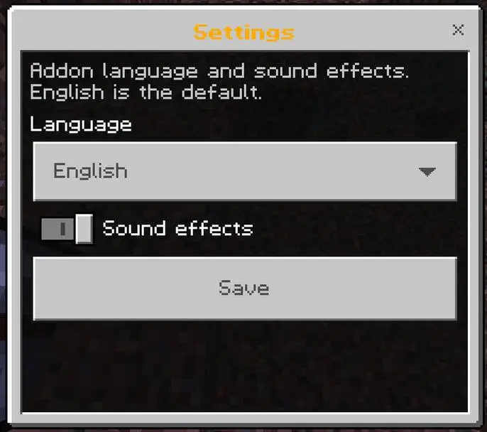 Settings menu with language and sound options