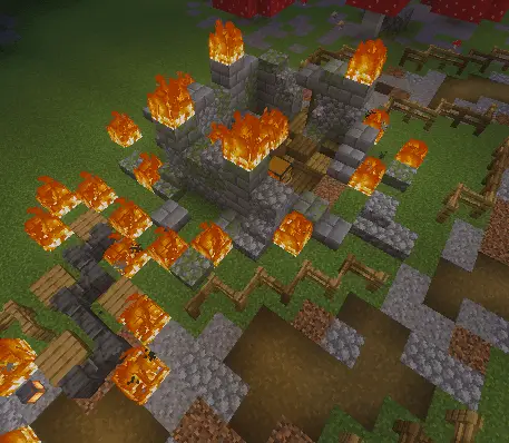 Stone ruins engulfed in flames on a map