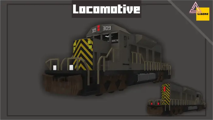 Blocky freight train locomotive with stripes.