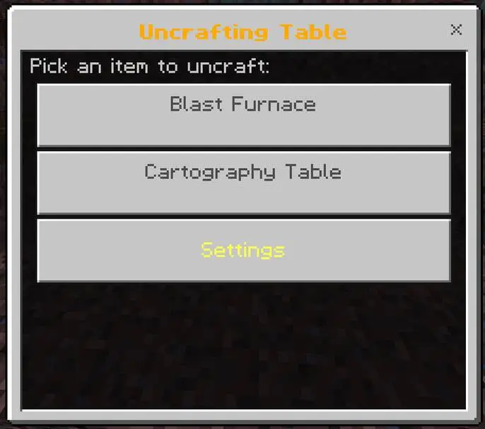Uncrafting Table menu with item options