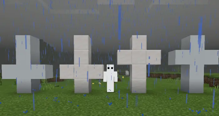 White figure stands among stone crosses in rain