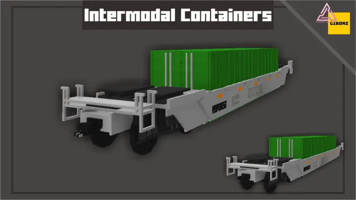 Green cargo containers on a flatbed railcar
