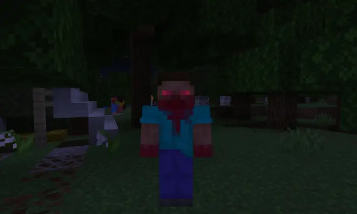 Blocky figure with glowing red eyes at night