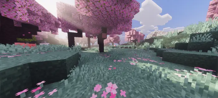 Sun rays through pink blossom trees, lush grass