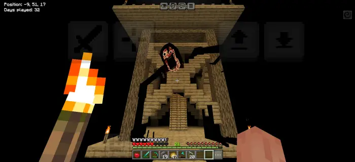 Player faces giant horror wraith on stairs
