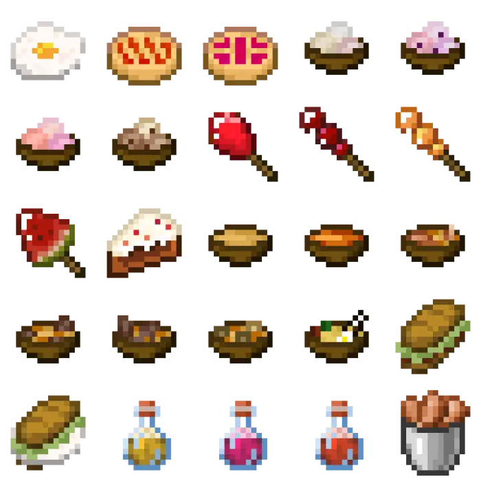 Pixel art foods pies, soups, stews, desserts