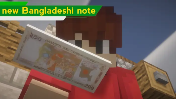 Blocky character holding Bangladeshi banknote
