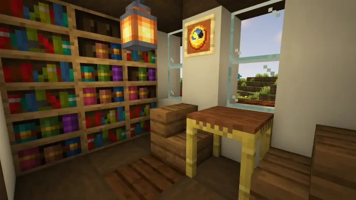 Cozy cottage interior with bookshelves and desk