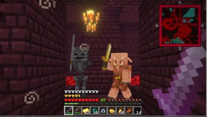 On-screen minimap with mobs in a fortress