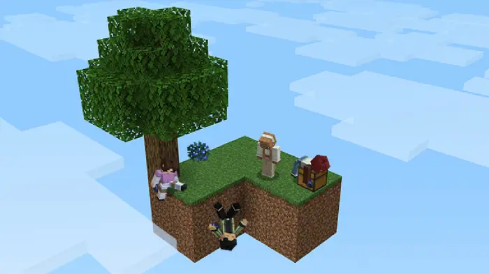 Characters falling off a floating island.