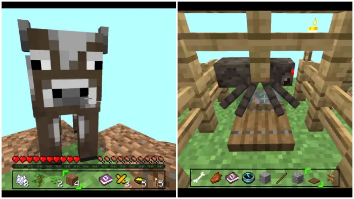 **ALT text left image** Blocky cow on dirt platform **ALT text right image** Spider in fenced cage on grass