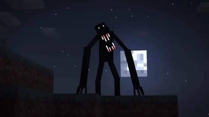 Blocky shadow monster with glowing eyes at night