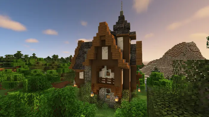 Medieval-style survival house in forest