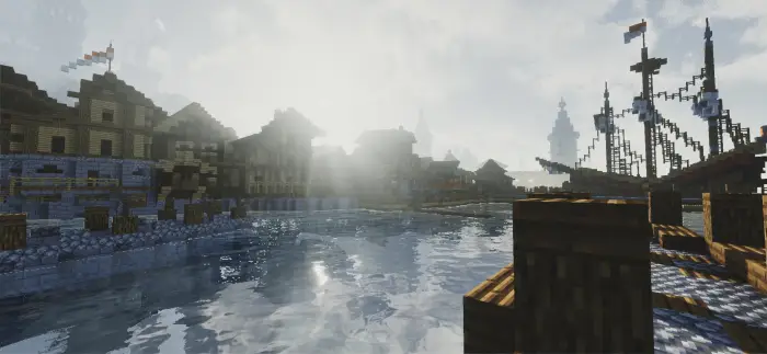Sunlit harbor with detailed reflections