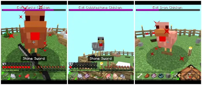 1. Fighting an evil tank chicken boss 2. Battling an evil cobblestone chicken 3. Facing an evil iron chicken boss