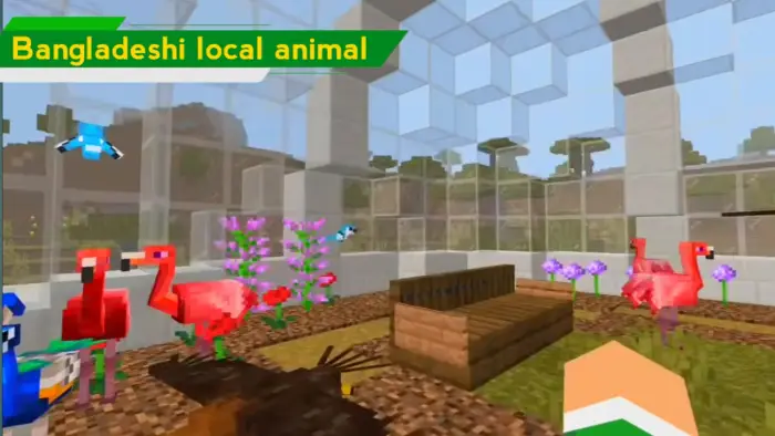 Blocky flamingos and birds in glass enclosure