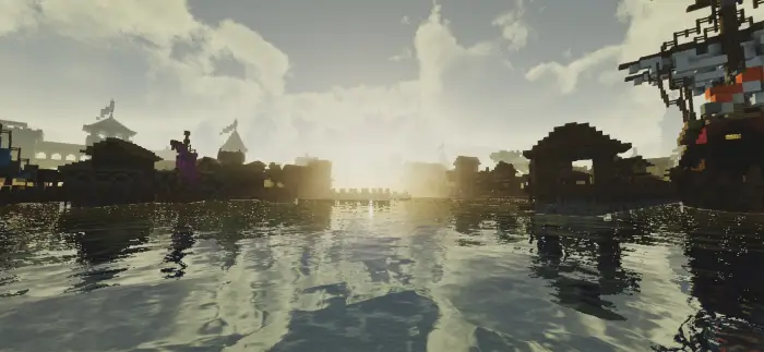 Sunset reflecting on water with vibrant shaders
