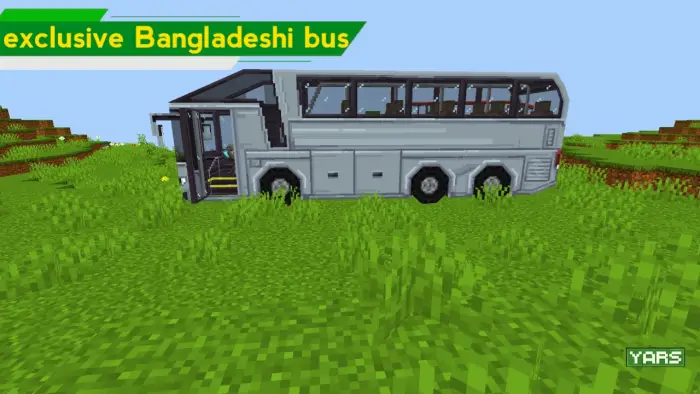 Blocky Bangladeshi bus on grassy terrain