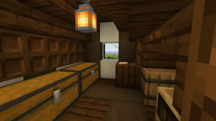 Cozy cottage interior with chests and lantern